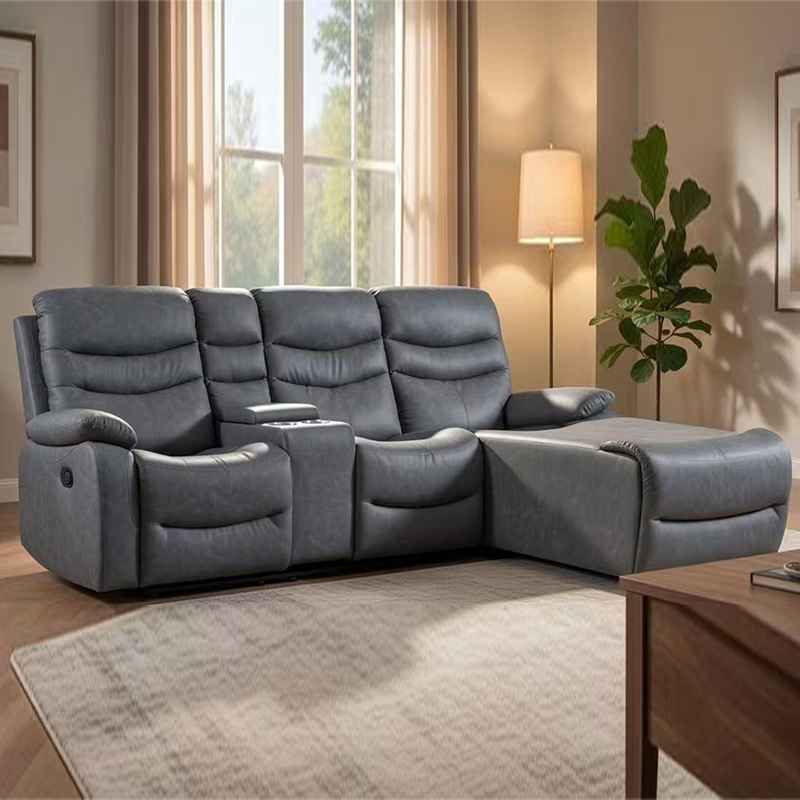 Seccional reclinable manual tapizado en azul con chaise y almacenamiento