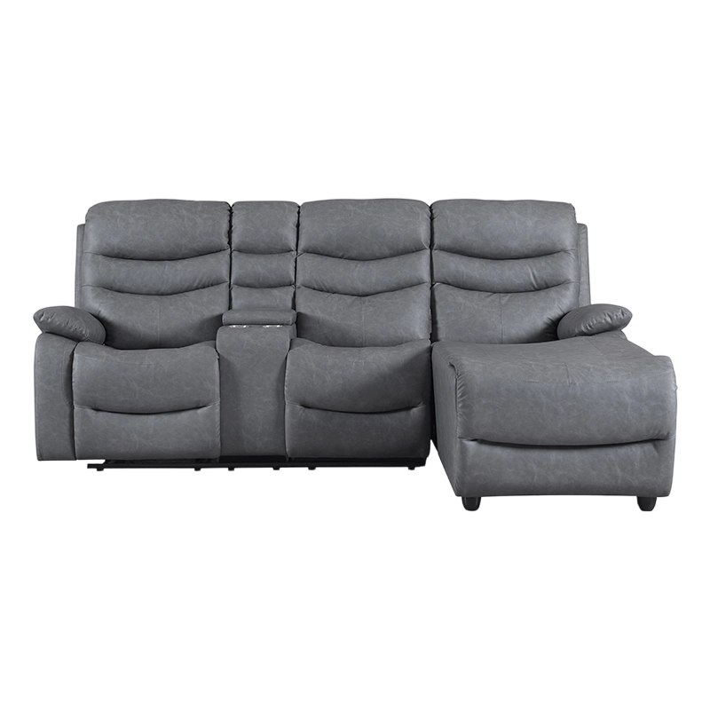 Seccional reclinable manual tapizado en azul con chaise y almacenamiento