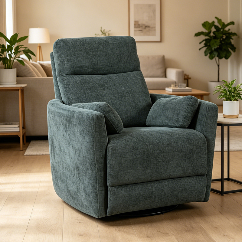 Sillón reclinable giratorio moderno de chenilla con almohadas