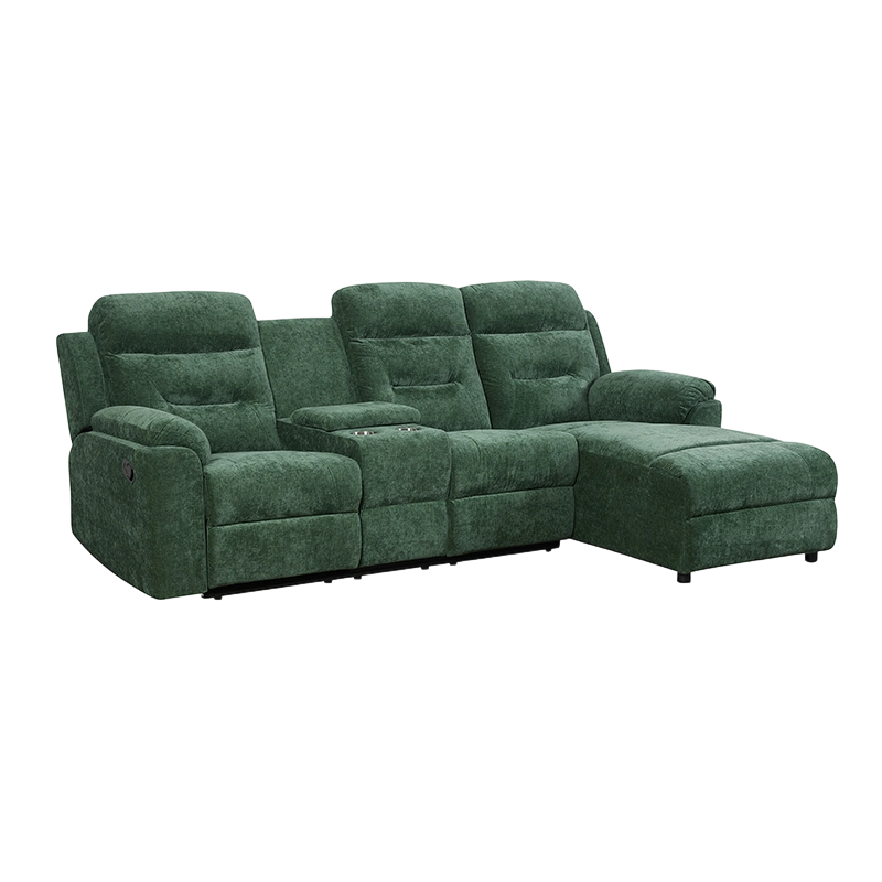 Chaise seccional reclinable manual verde para 3 personas con consola de almacenamiento