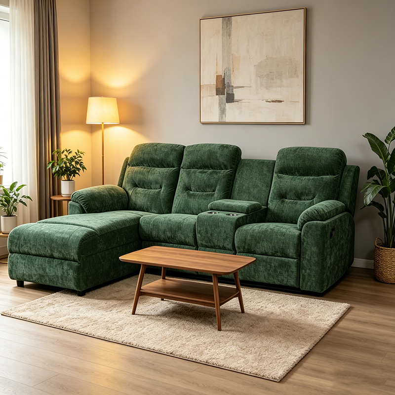 Chaise seccional reclinable manual verde para 3 personas con consola de almacenamiento